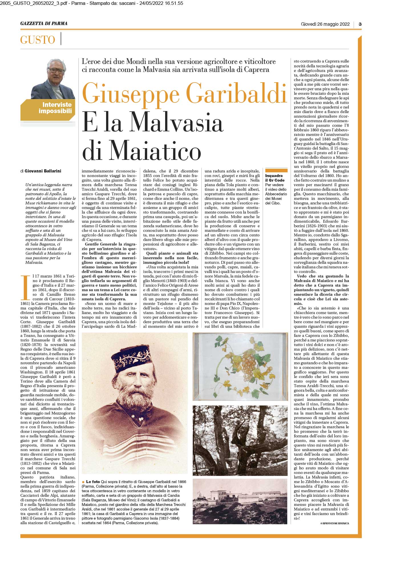 Giuseppe Garibaldi e la Malvasia di Maiatico