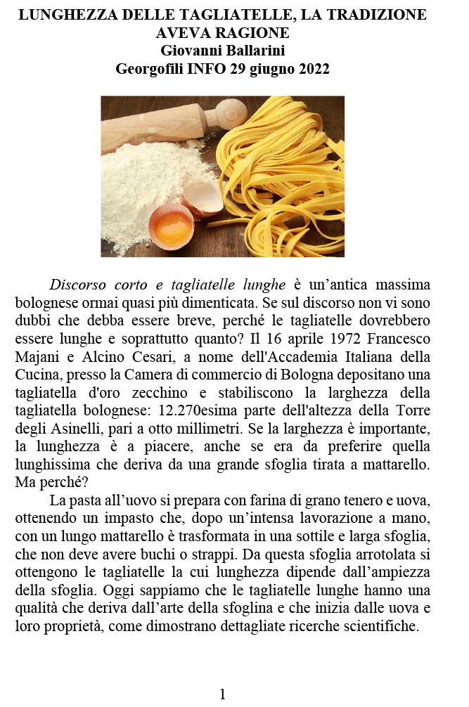 LUNGHEZZA DELLE TAGLIATELLE, LA TRADIZIONE AVEVA RAGIONE